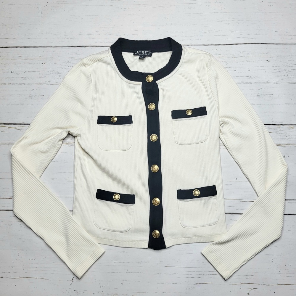 J Crew Vintage Rib Lady Jacket Lightweight Sweater White Black Gold Button Small - Picture 2 of 8